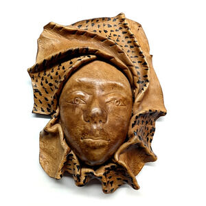Haitian Woman Leather Face Mask 3D Sculpted Brown, 8" Wall Hanging Art Decor